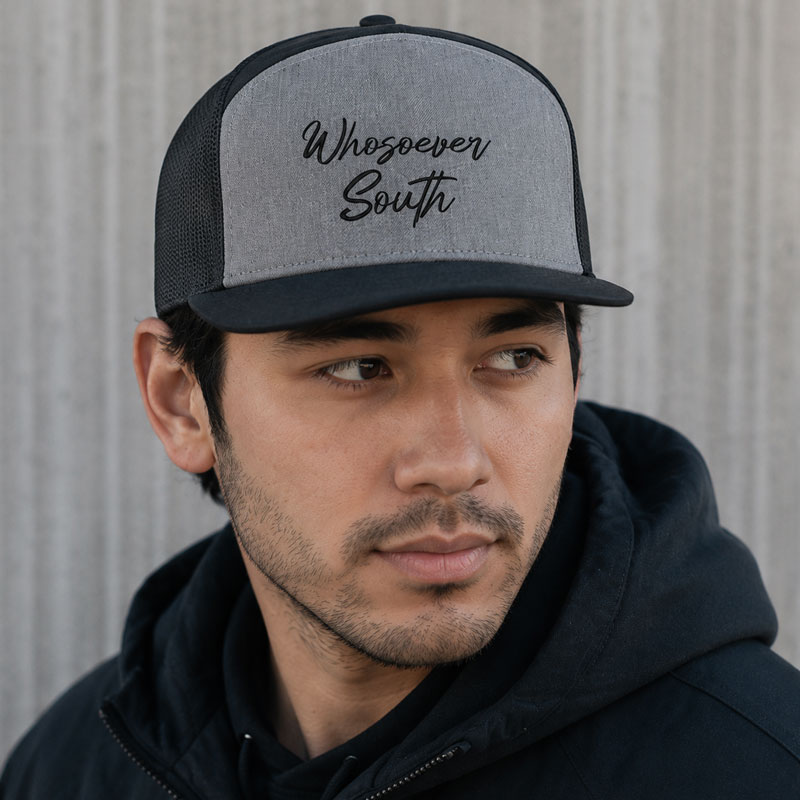black and grey whosoever south hat